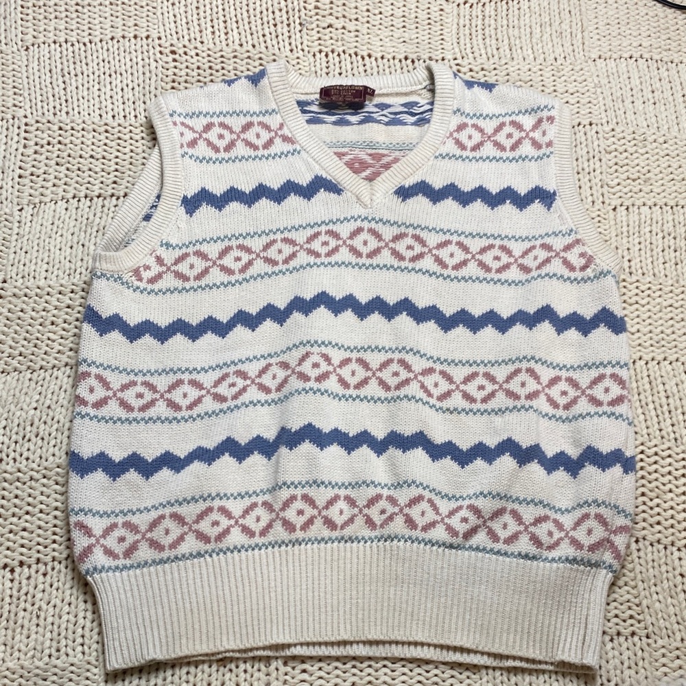 Vintage Ralph Lauren Chaps Linen Cotton Plaid Spring Fair Isle Sweater Vest XL